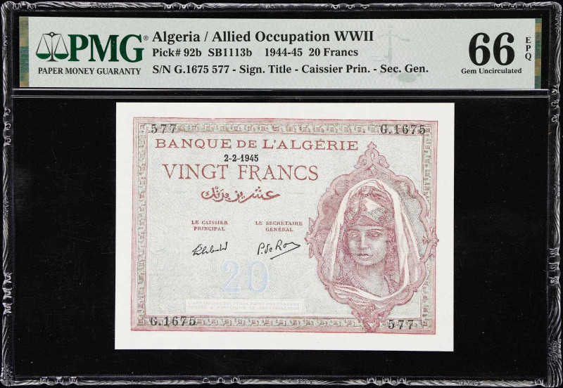 ALGERIA. Banque de l'Algerie. 20 Francs, 2.2.1945. P-92b. SB1113b. PMG Gem Uncir...