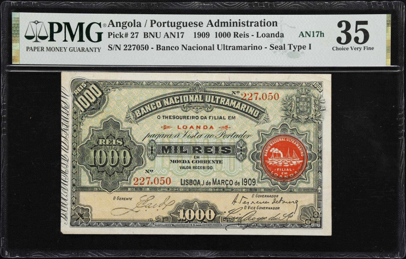 ANGOLA. Banco Nacional Ultramarino. 1000 Reis, 1.3.1909. P-27. BNU AN17. PMG Cho...