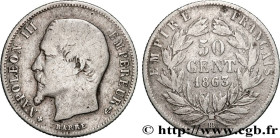 SECOND EMPIRE
Type : 50 centimes Napoléon III, tête nue 
Date : 1863 
Mint name / Town : Strasbourg 
Quantity minted : 137.011 
Metal : silver 
Milles...