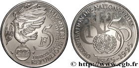 V REPUBLIC
Type : 5 francs Cinquantenaire de l’ONU 
Date : 1995 
Mint name / Town : Pessac 
Quantity minted : 8098 
Metal : nickel 
Diameter : 29  mm
...