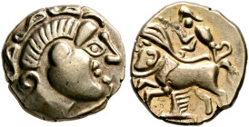 NORTHEAST GAUL. Treveri. 2nd century BC. Quarter Stater (Electrum, 13 mm, 1.86 g, 3 h), 'à la tête cornue' type. Celticized male head to right, with g...