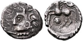 CENTRAL EUROPE. Helvetii. Viros, circa 75/50-25 BC. Quinarius (Silver, 13 mm, 1.53 g, 3 h). VIROS Celticized male bust to left, wearing torque with fo...