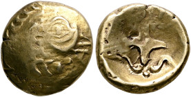 CENTRAL EUROPE. Vindelici. 2nd-1st century BC. Stater (Gold, 18 mm, 7.61 g), 'Regenbogenschüsselchen, Blattkranz mit Vogelkopf/Kreuz mit Voluten' type...