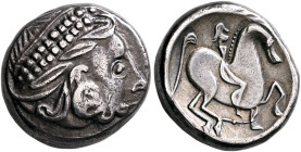 CARPATHIAN REGION. Uncertain tribe. Circa 2nd-1st century BC. Tetradrachm (Silver, 22 mm, 14.45 g, 6 h), 'Kinnlos' type. Celticized laureate and diade...
