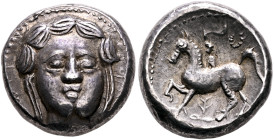 MIDDLE DANUBE. Uncertain tribe. Circa 3rd century BC. Tetradrachm (Silver, 20 mm, 13.53 g, 12 h), 'Apollokopf-Dickschrötling' type. Facing youthful ma...