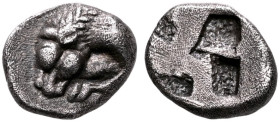 GAUL. Massalia. Circa 475-460 BC. Hemiobol (Silver, 7 mm, 0.38 g), Milesian standard. Forepart of a lion to left, devouring prey. Rev. Quadripartite i...