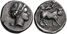 CAMPANIA. Neapolis. Circa 300-275 BC. Didrachm or Nomos (Silver, 19 mm, 7.43 g, 1 h), Charileos, magistrate. Diademed head of a nymph to right, wearin...