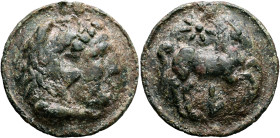 APULIA. Luceria. Circa 217-212 BC. Aes Grave As (Bronze, 48 mm, 76.42 g, 12 h). Head of Hercules to right, wearing lion skin headdress. Rev. Horse pra...