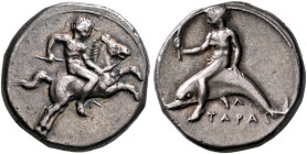 CALABRIA. Tarentum. Circa 400-390 BC. Didrachm or Nomos (Silver, 20 mm, 7.82 g, 9 h). Nude youth on horse galloping to right, holding whip in his righ...