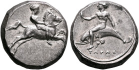 CALABRIA. Tarentum. Circa 390-385 BC. Didrachm or Nomos (Silver, 19 mm, 7.81 g, 6 h). Nude youth, holding reins in both hands, riding horse galloping ...