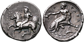 CALABRIA. Tarentum. Circa 344-340 BC. Didrachm or Nomos (Silver, 21 mm, 7.88 g, 11 h). Nude and helmeted warrior riding horse galloping to left, holdi...