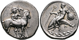 CALABRIA. Tarentum. Circa 344-340 BC. Didrachm or Nomos (Silver, 21 mm, 7.79 g, 3 h). Warrior, nude but for crested helmet, standing facing behind bri...