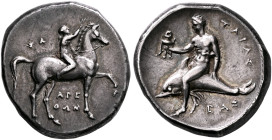 CALABRIA. Tarentum. Circa 280 BC. Didrachm or Nomos (Silver, 21 mm, 7.88 g, 9 h), Sa..., Arethon and Cas..., magistrates. Nude youth riding horse walk...