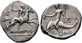 CALABRIA. Tarentum. Circa 240-228 BC. Didrachm or Nomos (Silver, 21 mm, 6.38 g, 4 h), Daimachos, magistrate. Nude youth riding horse galloping to righ...