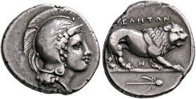 LUCANIA. Velia. Circa 300-280 BC. Didrachm or Nomos (Silver, 22 mm, 7.51 g, 7 h). Head of Athena to right, wearing crested and laureate Attic helmet. ...