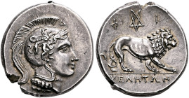 LUCANIA. Velia. Circa 300-280 BC. Didrachm or Nomos (Silver, 21 mm, 7.59 g, 5 h). Head of Athena to right, wearing crested Attic helmet decorated with...