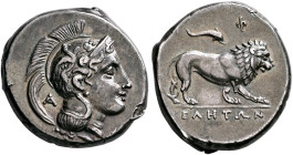 LUCANIA. Velia. Circa 300-280 BC. Didrachm or Nomos (Silver, 21 mm, 7.43 g, 2 h). Head of Athena to right, wearing crested Attic helmet adorned with a...