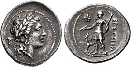 BRUTTIUM. The Brettii. Circa 216-214 BC. Hemidrachm (Silver, 17 mm, 2.20 g, 9 h). Laureate head of Apollo to right; to left, plectrum; below, small Γ....