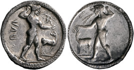 BRUTTIUM. Kaulonia. Circa 525-500 BC. Stater (Silver, 29 mm, 8.03 g, 12 h). [K]AVΛ Apollo, nude, striding right, holding laurel branch in his upraised...
