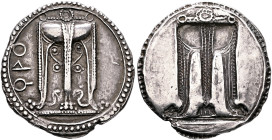 BRUTTIUM. Kroton. Circa 530-500 BC. Stater (Silver, 28 mm, 8.09 g, 12 h). ϘΡΟ Tripod with three ring handles, legs ending in lion’s paws, and with two...