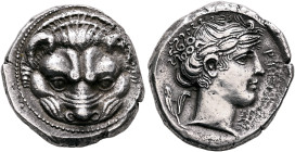 BRUTTIUM. Rhegion. Circa 415/0-387 BC. Tetradrachm (Silver, 25 mm, 16.66 g, 6 h), reverse die signed by Kratesippos. Facing head of a lion. Rev. ΡHΓIN...