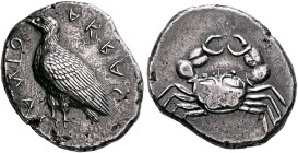 SICILY. Akragas. Circa 510-495 BC. Didrachm (Silver, 24 mm, 8.27 g, 3 h). AKRAC-ANTOΣ Eagle standing left with closed wings. Rev. Crab within shallow ...