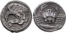 SICILY. Akragas. Circa 420-410 BC. Hemidrachm (Silver, 15 mm, 2.00 g, 8 h). AK-PA Eagle standing left, wings spread and head lowered, tearing at dead ...