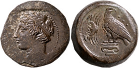 SICILY. Akragas. Circa 400-380 BC. Hemilitron (Bronze, 26 mm, 17.92 g, 1 h). [AKPAΓ]AΣ Horned head of young river god Akragas to left, wearing taenia....