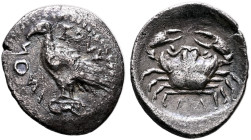 SICILY. Eryx. Circa 480-472 BC. Litra (Silver, 12 mm, 0.54 g, 12 h). ERYK-ИOИΙ Eagle with closed wings standing left on Ionic capital. Rev. Crab; belo...