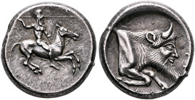 SICILY. Gela. Circa 490/85-480/75 BC. Didrachm (Silver, 20 mm, 8.71 g, 4 h). Bearded warrior, nude but for high helmet, riding horse to right, brandis...