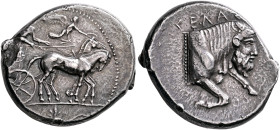 SICILY. Gela. Circa 450-440 BC. Tetradrachm (Silver, 27 mm, 16.78 g, 6 h). Charioteer, holding reins with both hands and kentron in his right, driving...