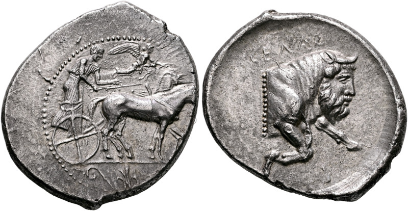 SICILY. Gela. Circa 450-440 BC. Tetradrachm (Silver, 32 mm, 17.11 g, 6 h). Chari...