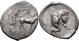 SICILY. Gela. Circa 450-440 BC. Tetradrachm (Silver, 32 mm, 17.11 g, 6 h). Charioteer driving quadriga moving slowly to the right; above, Nike flying ...