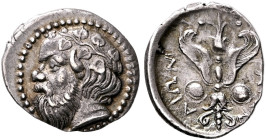 SICILY. Katane. Circa 415/3-404 BC. Litra (Silver, 12 mm, 0.86 g, 4 h). Head of Silenos to left, wearing ivy wreath. Rev. ΚΑΤΑΝ-ΑΙΩΝ Winged thunderbol...