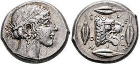 SICILY. Leontini. Circa 450-440 BC. Tetradrachm (Silver, 26 mm, 17.31 g, 7 h). Laureate head of Apollo to right. Rev. &#67851;E-O-NTI-NO-N Head of a l...