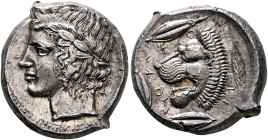 SICILY. Leontini. Circa 430-425 BC. Tetradrachm (Silver, 27 mm, 17.46 g, 8 h). Laureate head of Apollo to left. Rev. &#67851;E-O-N-TI-N-ON Head of a l...