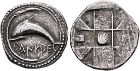 SICILY. Messana (as Zankle). Circa 500-493 BC. Drachm (Silver, 23 mm, 5.69 g, 3 h). DANK&#67851;E Dolphin to left within the sickle-shaped harbor of t...