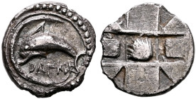 SICILY. Messana (as Zankle). Circa 500-493 BC. Litra (Silver, 11 mm, 0.40 g, 8 h). DANK&#67851;Ε Dolphin to left within the crescent-shaped harbor of ...