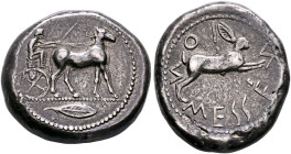 SICILY. Messana. 478-476 BC. Tetradrachm (Silver, 26 mm, 17.32 g, 3 h). Charioteer, holding kentron in his right hand and reins in his left, driving b...