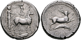 SICILY. Messana. 425-421 BC. Tetradrachm (Silver, 26 mm, 17.24 g, 12 h). The nymph Messana, wearing long chiton and holding reins in both hands, drivi...