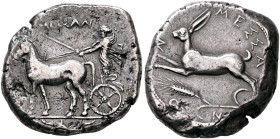 SICILY. Messana. 420-413 BC. Tetradrachm (Silver, 28 mm, 17.18 g, 9 h). The nymph Messana, wearing long chiton and holding reins and kentron in both h...