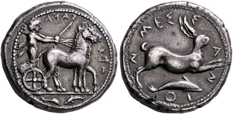 SICILY. Messana. 420-413 BC. Tetradrachm (Silver, 27 mm, 17.17 g, 7 h). MΕΣ-ΣΑΝΑ...
