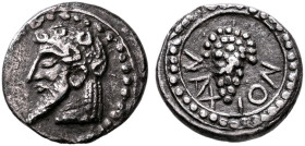 SICILY. Naxos. Circa 510-493 BC. Litra (Silver, 10 mm, 0.69 g, 8 h). Head of bearded Dionysos to left, wearing ivy wreath; all within border of dots. ...