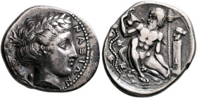 SICILY. Naxos. Circa 420-403 BC. Didrachm (Silver, 23 mm, 8.38 g, 1 h). ΝΑΞΙΩΝ Laureate head of Apollo to right, his hair rolled at the back; to left,...