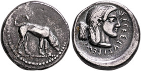 SICILY. Segesta. Circa 475/70-455/50 BC. Didrachm or Nomos (Silver, 22 mm, 8.60 g, 8 h). The river-god Krimisos, in the form of a hunting dog, standin...
