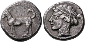 SICILY. Segesta. Circa 440/35-420/16 BC. Didrachm (Silver, 21 mm, 8.12 g, 2 h). The river-god Krimisos, in the form of a hunting dog with collar, stan...