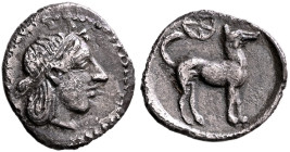 SICILY. Segesta. Circa 440/35-430/25 BC. Litra (Silver, 12 mm, 0.60 g, 3 h). Head of the nymph Aigeste to right, wearing hairband and with her hair bo...