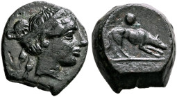 SICILY. Segesta. Circa 420-416/5 BC. Onkia (Bronze, 13 mm, 2.15 g, 12 h). Head of the nymph Aigeste to right, wearing hairband and with her hair bound...