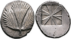 SICILY. Selinos. Circa 540-515 BC. Didrachm (Silver, 25 mm, 8.92 g). Selinon leaf. Rev. Incuse square divided into twelve sections, six of which are r...