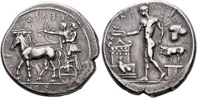 SICILY. Selinos. Circa 455-409 BC. Tetradrachm (Silver, 27.5 mm, 17.40 g, 2 h). ΣΕΛΙΝΟ-ΝΤΙ-ΟΣ Apollo and Artemis standing left in a quadriga moving sl...